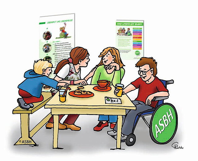 Vier gezeichnete Kinder mit und ohne Behinderung sitzen lachend um einen Tisch.