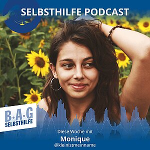 Ein Werbebild für den Selbsthilfe-Podcast  Nummer 6 in dem Monique über Endometriose spricht und wie sie die sozialen Medien nutzt, um über ihre Krankheit aufzuklären.