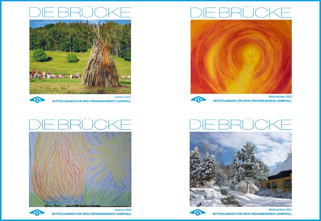 Collage von vier Titelseiten der Zeitschrift "Die Brücke" zu sehen, es sind die Ausgaben Johanni 2023 (oben links), Weihnachten 2022 (obern rechts), Johanni 2022 (unten links) und Weihnachten 2021 (unten rechts)